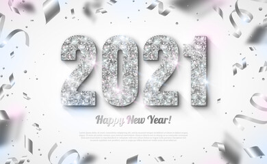 Happy New Year Banner with Silver 2021 Numbers on Bright Background with Flying Confetti and Streamers. Vector illustration