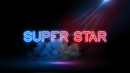Super Star, Neon light in Wall of Studio Room with Spotlight and Smoke.