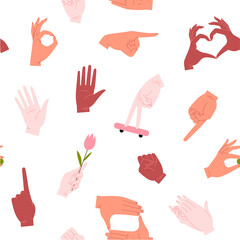 Seamless pattern of hands of different skin tones doing different gestures