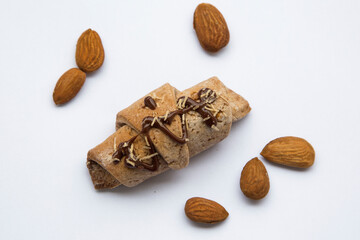 homemade cakes chocolate bagel with almonds, chocolate croissant