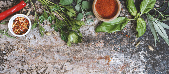 Various herbs and spices on a dark background top view. Free space for text, banner. Food background. Basil, pepper, rosemary, parsley and sage on a dark iron background.