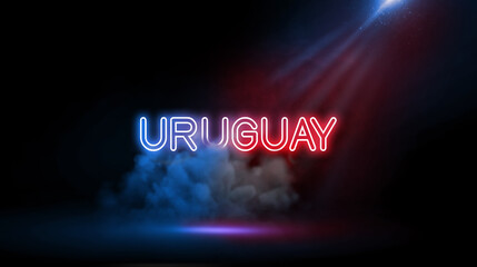 Uruguay is a South American country known for its verdant interior and beach-lined coast. Neon light in Wall of Studio Room with Spotlight and Smoke.