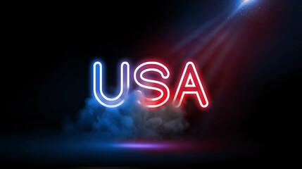 The U.S.A is a country of 50 states covering a vast swath of North America, Country name in Studio room with Neon lights.