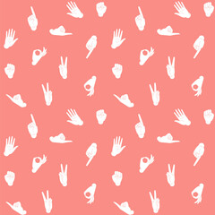 Seamless pattern of different hand gestures on a pink background