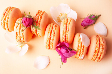 Peach macarons and raspberry roses on a peach background