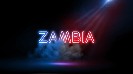 Zambia, in southern Africa, is a landlocked country of rugged terrain and diverse wildlife, with many parks and safari areas, Country name in Studio room with Neon lights.