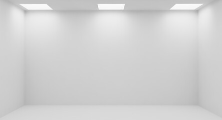 Wall of empty white room with square embedded ceiling lamps