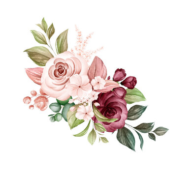 Watercolor bouquet of soft brown and burgundy roses and leaves. Botanic decoration illustration for wedding card, fabric, and logo composition