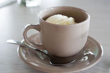 Vanilla ice cream served in a cup.