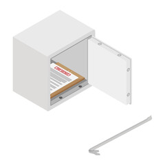 Metal steel money bank safe with top secret document and crowbar vector icon isometric view.