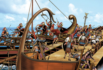 Ancient Rome - Roman ship lowers crow and Roman soldiers attack © Massimo Todaro