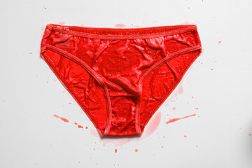 Menstrual fluid and women's underwear on white background, concept photo for women's or feminist blog, ad women's apps