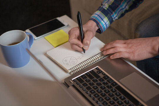 Freelancer Man Drawing Diagram In Notebook. Close Up View. Working Place Of Young Hipster Male Working Remotely At Home.