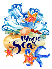 Fototapeta na wymiar Sea background. Magic sea. Elements of the sea. Watercolor illustration on white background.