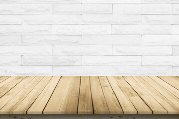 Empty wooden table top on white brick wall background, Design wood terrace white. Perspective for...