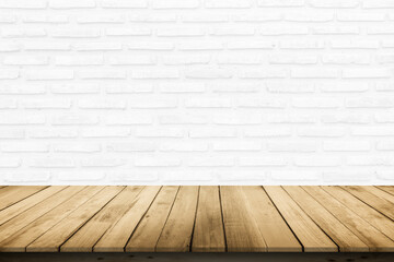 Empty wooden table top on white brick wall background, Design wood terrace white. Perspective for show space for your copy and branding. Can be used as product display montage. Vintage style concept.