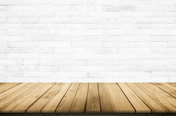 Empty wooden table top on white brick wall background, Design wood terrace white. Perspective for show space for your copy and branding. Can be used as product display montage. Vintage style concept.