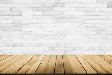 Empty wooden table top on white brick wall background, Design wood terrace white. Perspective for show space for your copy and branding. Can be used as product display montage. Vintage style concept.