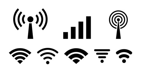 Wireless and wifi icon or wi-fi icon sign for remote internet access, internet connection, signal icon, variations podcast vector symbol, vector illustration - obrazy, fototapety, plakaty