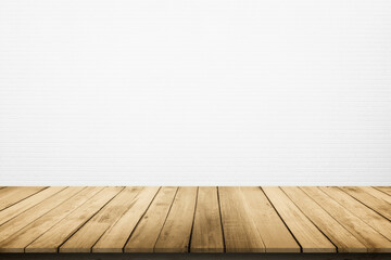 Empty wooden table top on white brick wall background, Design wood terrace white. Perspective for show space for your copy and branding. Can be used as product display montage. Vintage style concept.