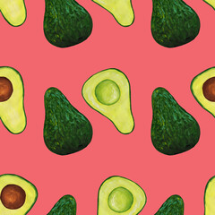 Seamless print of avocado halves with hand drawn gouache in realistic style on a light red (pink) background. Raster seamless pattern with avocado