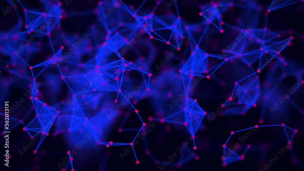 Poster Global network connection. Background with red dots and blue lines. Scattered abstract points and lines.