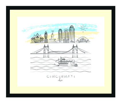 Cincinnati poster minimal linear vector illustration and typography design, Ohio, Usa