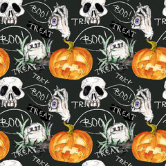 Watercolor hand drawn artistic colorful Halloween spooky  vintage seamless pattern