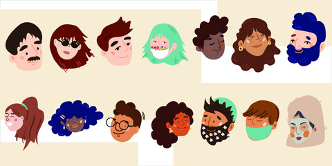 Various people faces.Different icons and logos. Cute hand drawn trendy vector illustrations. Cartoon style and flat design. All elements are isolated