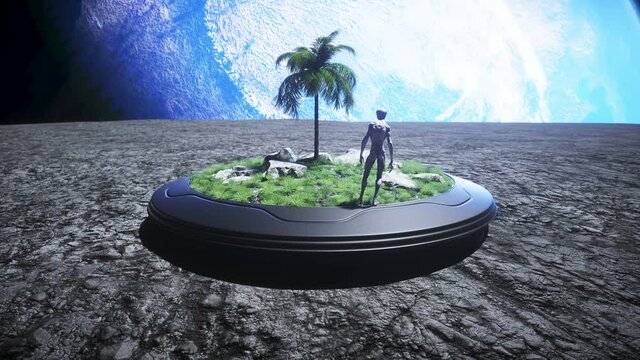 Alien on the moon in oasis. Ufo concept. 3d rendering.