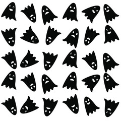 Spooky halloween background. Ghost pattern on white background. Ghosts with faces. Happy, angry ghosts. Wrapping paper, flyer, greeting card, poster. Vector illustration.  