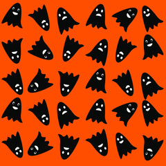 Spooky halloween background. Ghost pattern on orange background. Ghosts with faces. Happy, angry ghosts. Wrapping paper, flyer, greeting card, poster. Vector illustration.  