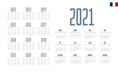 French Calendar for 2021-2033. Week starts on Monday