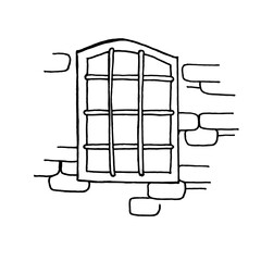 Hand-drawn image of a prison window with bars. Black and white vector image. Windows on a brick wall. Isolated on a white background.