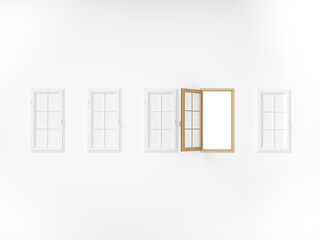 Gold and white windows with open and close in white room 3d rendering. 3d illustration luxury minimal style concept.