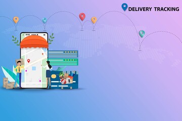 Concept of delivery tracking, businessman and woman are checking and track the shipment from online order in front of a big screen of smartphone that contain map, GPS, customer rating and reviews.