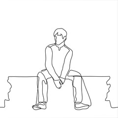 Silhouette of a young man sitting in full growth from above on the wall. One continuous line drawing of a young man relaxed silt on top of a wall