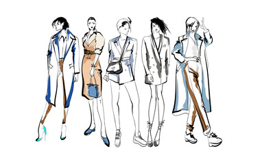 Beautiful young women in modern style.. Hand drawn stylish woman portrait. Fashion lady. Festive outfit. Sketch. Fashion model posing in dress. Hand drawn fashion woman.