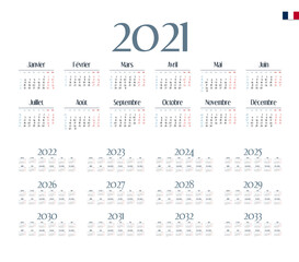 French Calendar for 2021-2033. Week starts on Monday