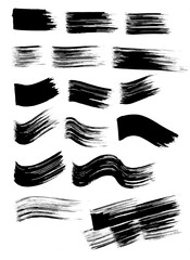 Raster set of texture brush strokes hand drawn in black ink with a wide brush. Raster collection of traced black wide brushes on a white background.