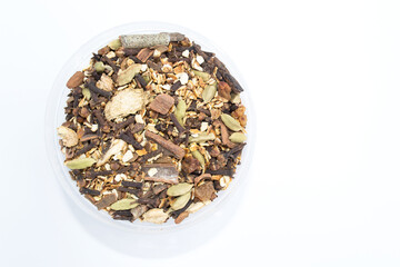 Spices for mulled wine on a white background. Copy space