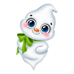 Illustration of a cute cartoon little smiling white fat ghost with a green bow isolated on a white background