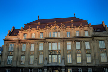 beautiful facade of old residential building in historic quarter of Lviv city, Ukraine