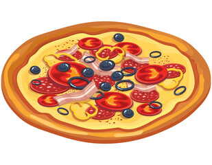 Meat pizza with pepper tomatoes and olives. Italian fast food in cartoon style.