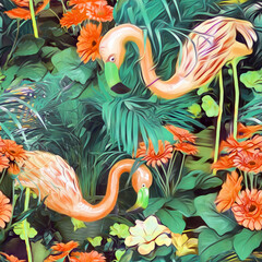 Seamless Pattern with Flamingos. Hand Painted Tropical Illustration.