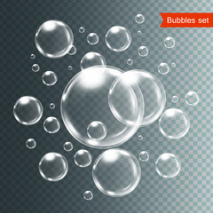 Set of bubbles under water isolated vector illustration on transparent background.