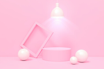 Pink 3d rendering geometrical abstract background Scenes with podium display stand scenes and light lamp in pink color. 3d illustration minimal style concept.