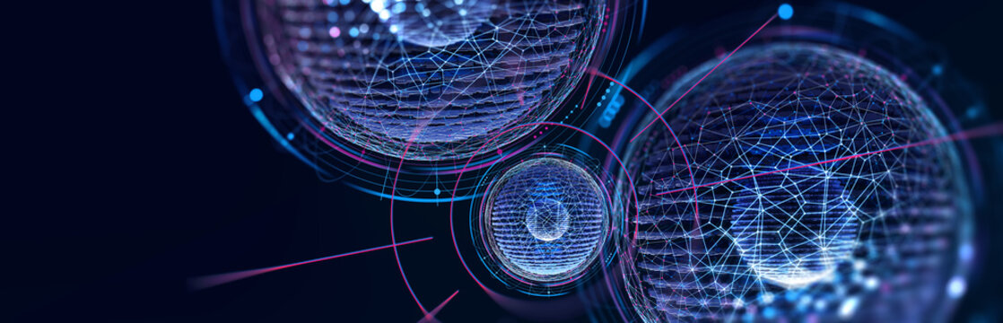 High tech technology, global digital digital network. 3D illustration. HUD panel and concept of artificial intelligence. Visualization of quantum structure of processor of future