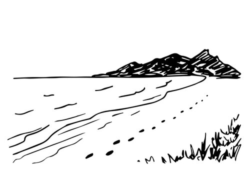 Hand drawn ink vector drawing. Sea coast, mountains on the horizon, footprints in the sand, grass. Simple landscape, nature, relaxation and tourism.