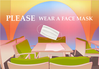 Please wear a face mask banner with tables and chairs under the open sky, text, white medical face mask. Coronavirus banner